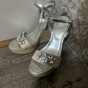 Ivanka Trump Silver and Tan Embellished Wedges